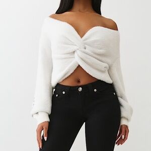 True Religion White V-Neck Knotted Sweater
